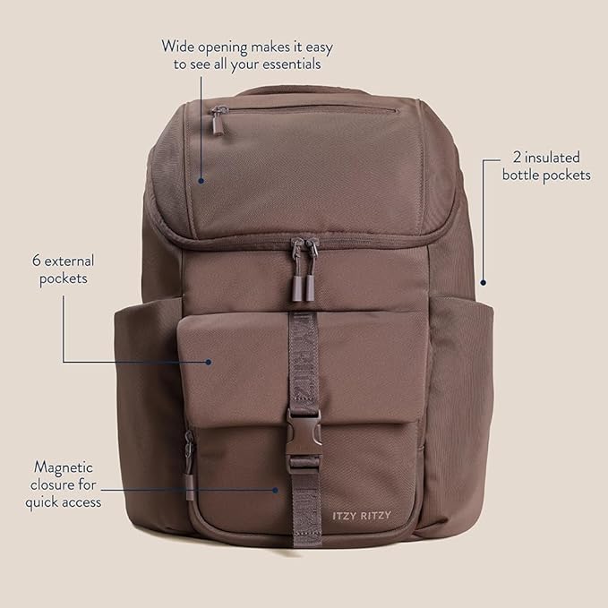 Itzy Ritzy Belong Bucket Backpack – Lightweight Diaper Bag Backpack Featuring 16 Pockets, Bucket Top Opening, Stroller Straps & Changing Pad; Organized and Stylish Everyday Family Backpack (Mocha)