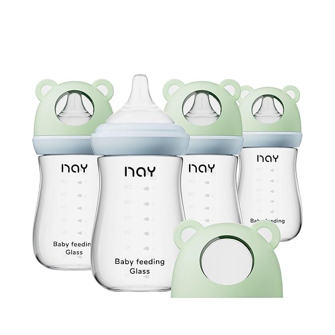 yanyoyo Natural Glass Baby Bottle for Breastfeeding Babies, 8oz Anti-Colic Baby Bottle with Natural Response Nipple(M), Clear, Wide Neck, 4 Pack, 3 Months+