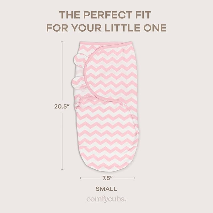 Comfy Cubs Easy Swaddle Blanket, 3 Pack - 100% Cotton Newborn Wrap, Small for 0-3 Months Infants, with Adjustable Velcro, Breathable and Durable Sleep Sack for Babies - Pink