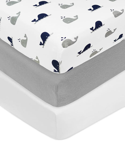 American Baby Company 3 Pack 100% Natural Cotton Fitted Crib Sheets 52" x 28" - Soft, Breathable, Hypoallergenic & Gentle Toddler Bed Sheets, Navy Whale/Gray/White, Neutral for Boys & Girls