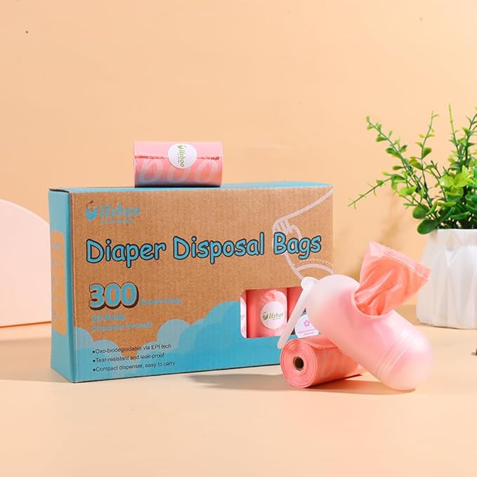 USBOO Disposable Diaper Bags for Baby - 20 Refill Rolls (300 Pack), Disposable Trash Bag with Dispenser - Cherry Blossom Scented, Pink, Ideal for Diaper Dispoal