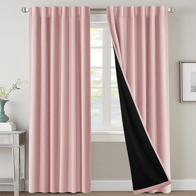 H.VERSAILTEX 100% Blackout Curtains for Bedroom with Black Liner Full Room Darkening Curtains 84 Inch Long Thermal Insulated Back Tab/Rod Pocket Window Drapes for Living Room, 2 Panels, Baby Pink