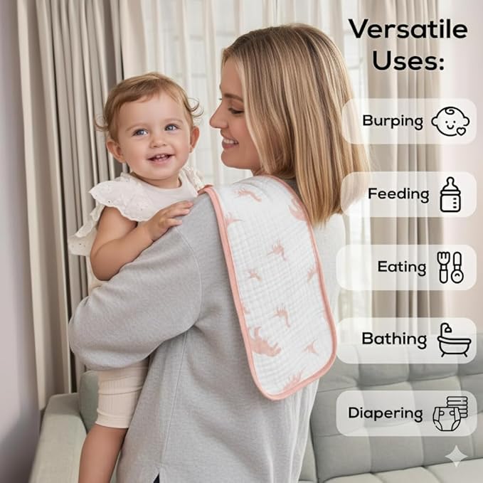 LILY O LAUREL Muslin Burp Cloths, 20"x10"- Pack of 8, 6 Layers Super Soft Absorbent & Breathable 100% Cotton for Baby Drool and Messes, Burp Cloth Baby Boy and Burp Cloths Baby Girl