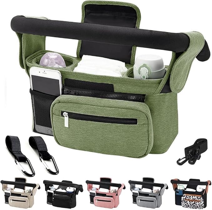 Baby Stroller Organizer, Universal Stroller Organizer with Detachable Phone Bag, Stroller Caddy with 2 Insulated Cup Holders, Buggy Organizer Bag with 2 Hooks Fits Most Strollers (Green)