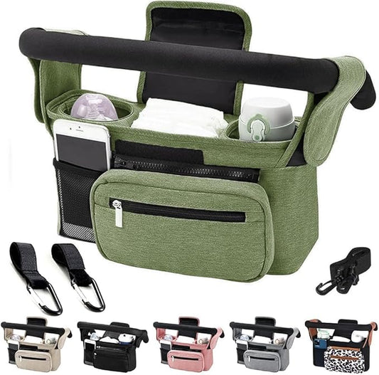 Baby Stroller Organizer, Universal Stroller Organizer with Detachable Phone Bag, Stroller Caddy with 2 Insulated Cup Holders, Buggy Organizer Bag with 2 Hooks Fits Most Strollers (Green)