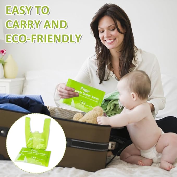 Biodegradable Disposable Diaper Bags, 100 Count, 10 Ounce Capacity, Easy-Tie Handles, Convenient and Eco-Friendly