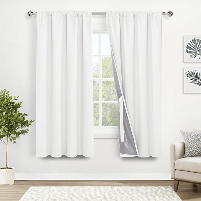 XWZO 100% Blackout Curtains with Tiebacks- Heat and Full Light Blocking Drapes with Black Liner for Bedroom/Laundry Room, Rod Pocket & Back Tab Window Panels, Ivory, W52 x L72, Set of 2