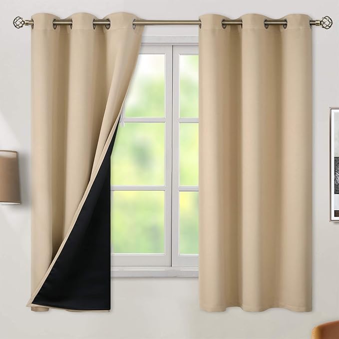 BGment Thermal Insulated 100% Blackout Curtains for Bedroom with Black Liner, Double Layer Full Room Darkening Noise Reducing Grommet Curtain (38 x 63 Inch, Beige, 2 Panels)