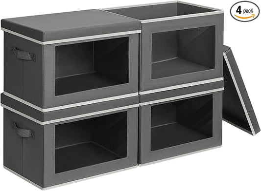 Storage Bins with Lids - Small Fabric Organizers with Window, Collapsible Storage Bins for Clothes, Decorative Closet Organizers for Towels, Tshirt, 4 Pack, Dark Grey