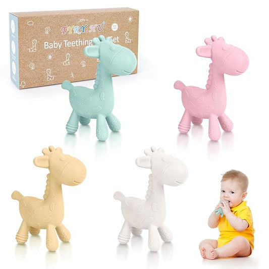 TYRY.HU Baby Teething Toys for Babies 0-6 6-12 Months,BPA Free Silicone Giraffe Teethers for Babies 3-6 months, Soft Chew Toys for Sore Gum, Montessori Sensory Toys Gifts for Infant Boys Girls, 4 Pack