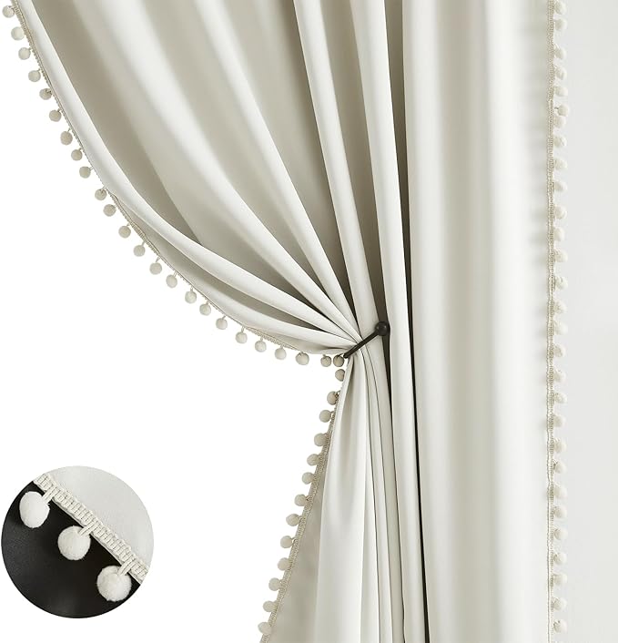 Treatmentex Natural Blackout Curtains for Bedroom Living Room 90inch Long Iovry/Beige Pom Pom Curtain Panels for Windows Thermal Insulated Curtains for Kids Nursery Room Rod Pocket 52" W x 2pcs