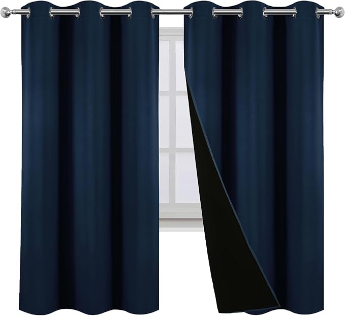LEMOMO 100% Blackout Curtains 42 x 63 Inch Navy Blue Curtains 2 Panels Darkening Thermal Insulated Bedroom Curtains