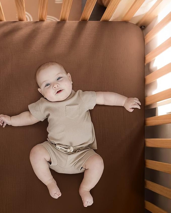 Blissful Diary Muslin Mini Crib Sheets, Pack and Play Mattress Sheets Fitted for Pack N Play, Soft Cotton for Boys Girls, 2 Pack(Sunshine&Brown)