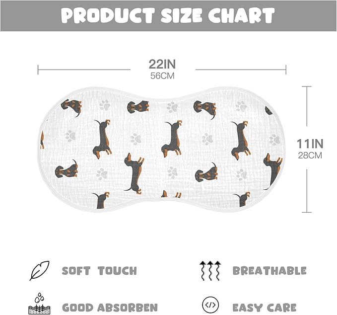 1 Pack Muslin Burp Cloths Dachshund Dogs White Cotton Baby Burp Cloths Ultra Absorbent Burping Cloth Soft Spit Up Rags for Newborn Babies 22x11 Inch