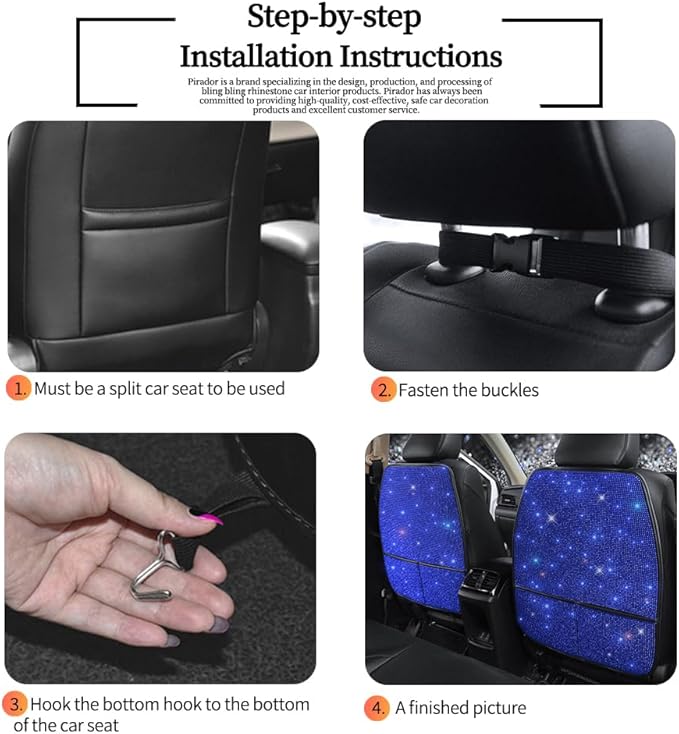 Sparkling Diamond Car Seat Kick Protectors with Storage, Crystal Kick Mats for Car Seats with Bling Rhinestones, Universal Fit Luxury Auto Accessories for Women Girls and Ladies Blue 2pcs