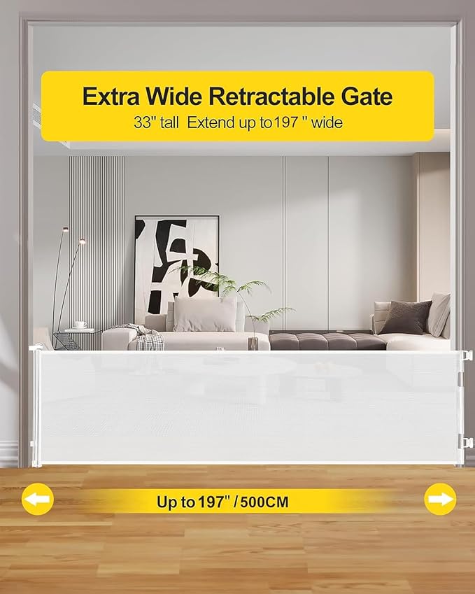 197 Inch Extra Wide Retractable Baby Gate,Mesh Large Baby Gate or Mesh Pet Dog Gate, Opening Wide Extra Long Child Safety Gate for Indoor, Outdoor, Stairs, Deck（White,33"x197")