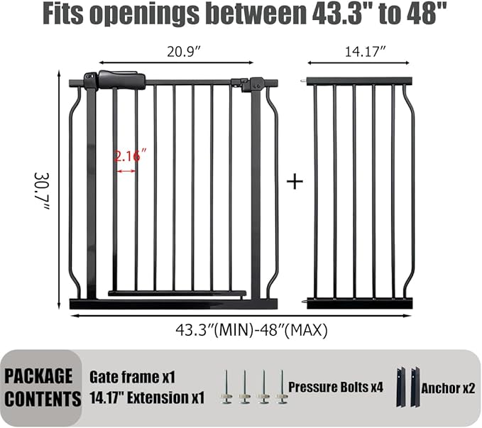 Extra Wide Baby Gate - 43.3-48 Inch Tension Mounted Safety Child & Pet Gate - Black Metal - Walk Through - Long - for House Doorways & Stairs, 30 Inch Tall