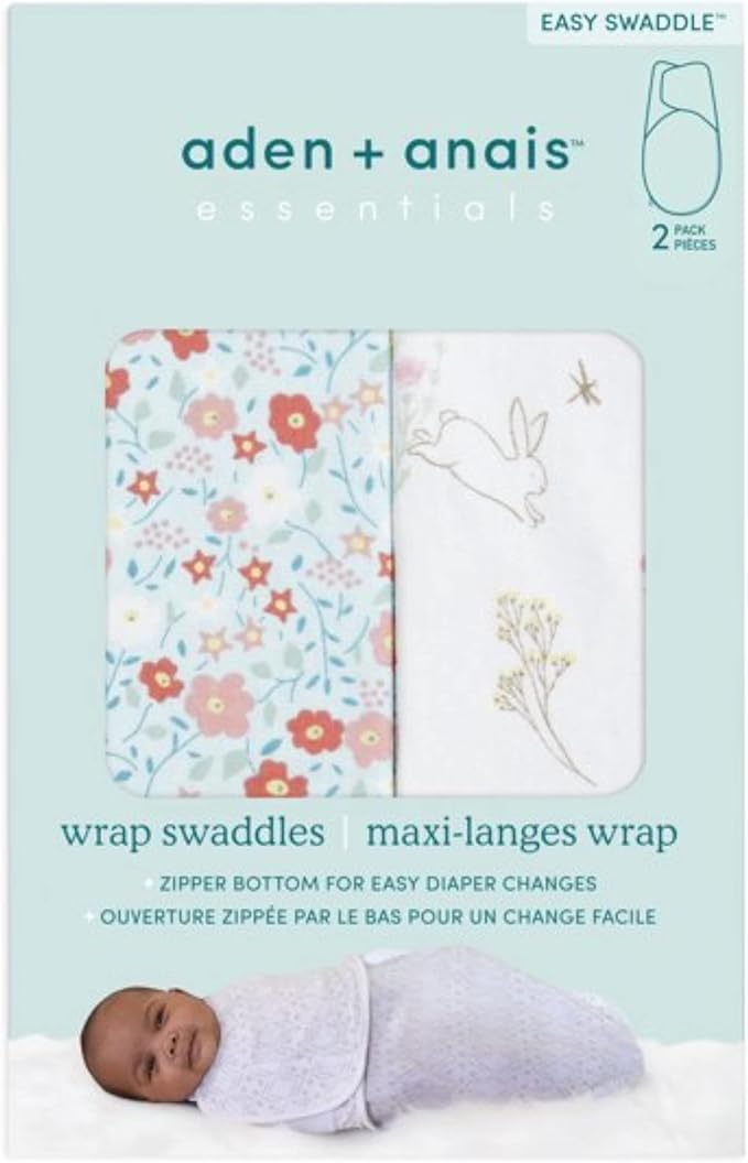 aden + anais Essentials Easy Swaddle Wrap Quick Change with Bottom Zipper, Snug Cotton Knit Baby Wrap Swaddle Blanket for Newborns, TOG 1.0, 2 Pack, Fairy Tale Flowers, 0-3 Months, Small/Medium