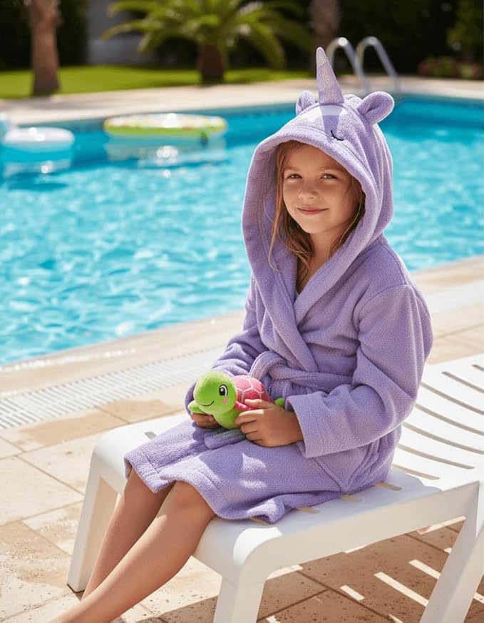 BAGNO MILANO Kids Organic Turkish Cotton Hooded Beach Cover-Up Towel, GOTS Certified, for Boys and Girls (Unicorn Purple, 3-4 Years)