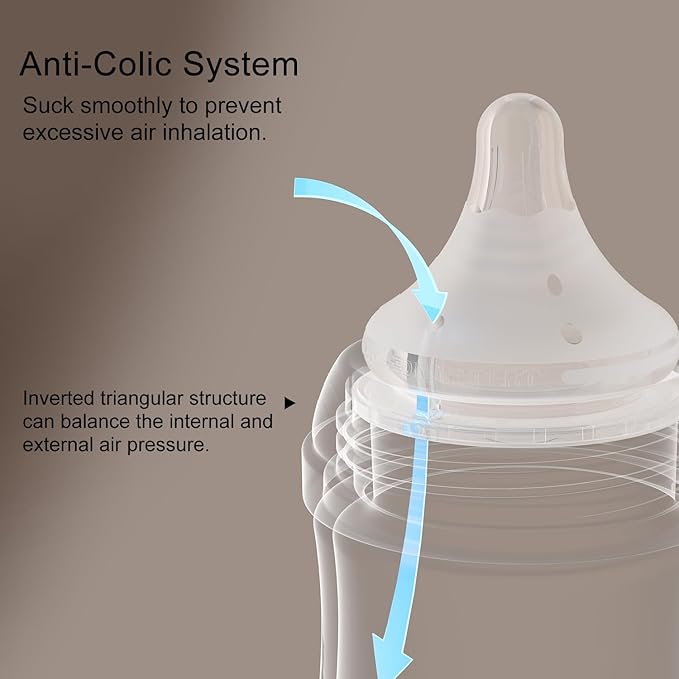 Numvim Glass Nurturing Baby Bottles Gentle & Extra Slow Flow, Newborn Breastfeeding Bottle with Anti Colic Nipple for 0 Months Babies, Includes SS Nipples(3Oz, 2 Packs)