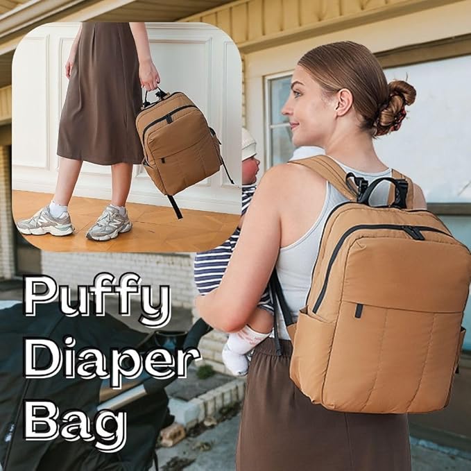 MOMINSIDE Diaper Bag Backpack - Large Puffer Diaper Bag - Neoprene Diaper Bag Quilted Baby Bag, Large Changing Pad, 15 Pockets, Lightweight, Brown