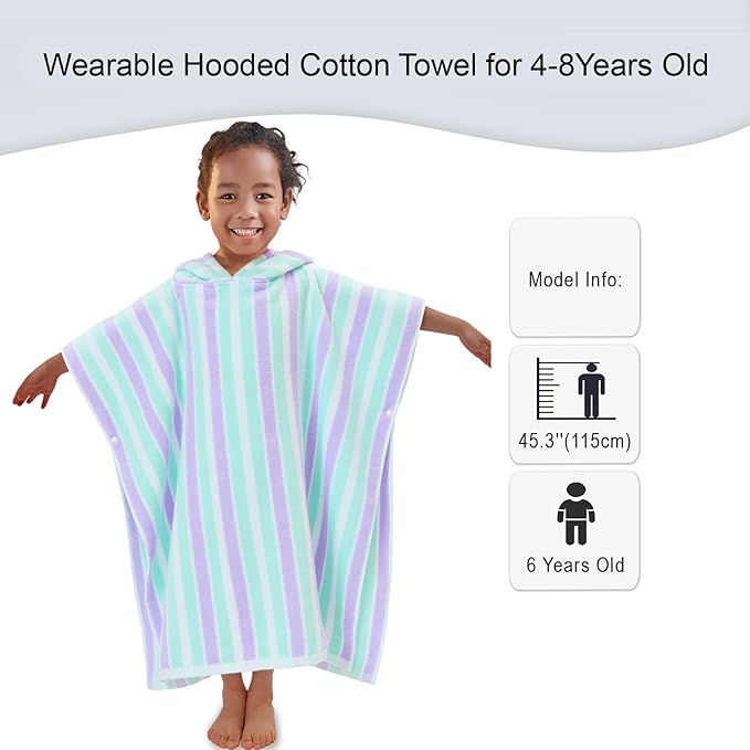 VOOVA & MOVAS Poncho Towels for Kids (4-8Years), Quick Dry Lightweight Absorbent Cotton Hooded Towel Robe for Pool | Swim | Beach | Bath, Aqua Purple Stripe