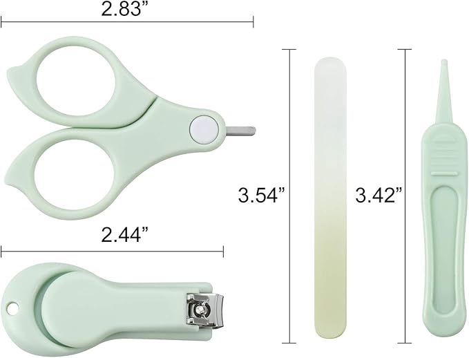 PandaEar Baby Nail Manicure Pedicure Grooming Care Kit (4 Pack)| Clippers Scissors File Tweezers | Newborn Infant Toddler Kids|1 Months Plus (Green)