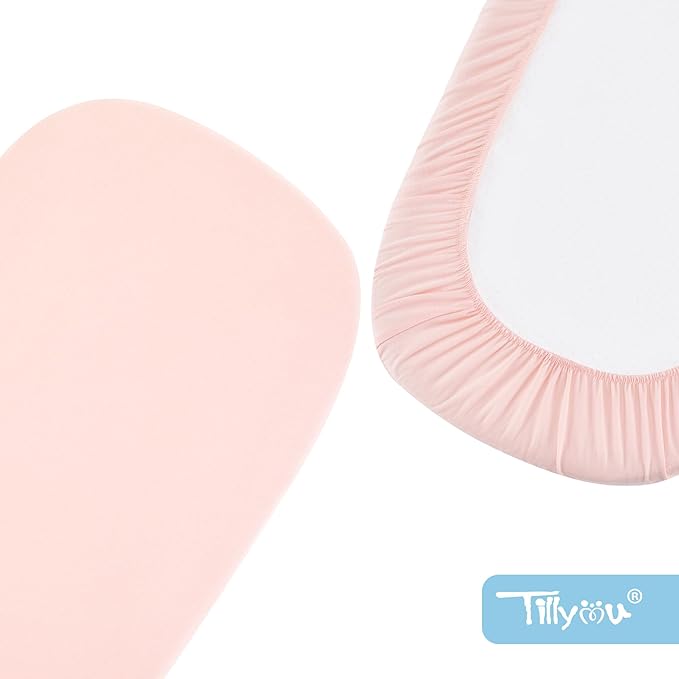 TILLYOU Baby Bassinet Sheets for Girls Boys 2 Pack Baby Sheets for Square Rectangle Oval Bassinet Mattress 33X16 Inch, Pink & White