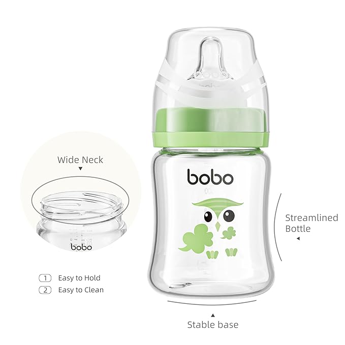 YOHKOH Glass Baby Bottles with Slow Flow Nipple, Newborn Anti-Colic Baby Bottles for 0+ Months, Wide Neck Feeding Bottle, Clear (Green, 5oz (Pack of 4))