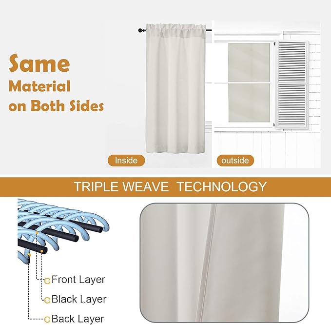 Aiyufeng Natural Short 36 Inches Room Darkening Curtain 2 Panels Set, Half Window Rod Pocket Privacy Tiers for Kitchen, Curtains Blackout for Bathroom Shades, W40 x L36 Inch, Natural