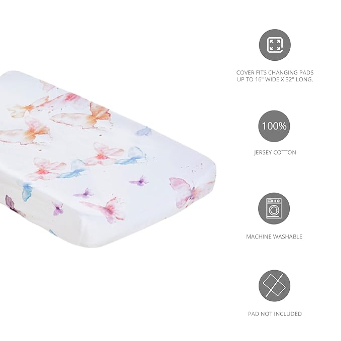 Oilo Changing Pad Cover, Breathable Turkish Cotton Fitted Jersey, 300 Thread Count, Machine Washable, Fits Standard Changing Pads (32" x 16"), Girl, Boy, & Neutral Nursery Design, Butterfly