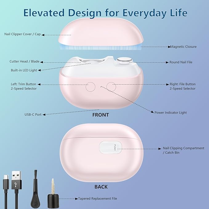 Smart Electric Nail Clipper, 3-in-1 Automatic Nail Trimmer & Polisher with 2 Speeds, LED Light, Rechargeable Nail Clippers for Seniors, Low Vision, Women, Men and Kids (Pink)