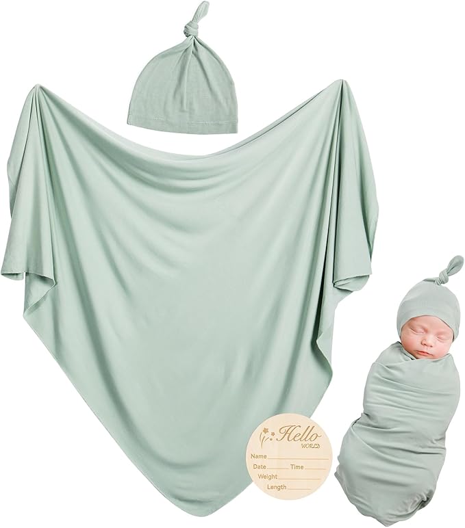 Rayon Made from Bamboo Newborn Swaddle Blanket Set with Matching Beanie, Super Soft Stretchy Baby Clothes Outfit for Girl Boy, Receiving Blankets Newborn Essentials, 47 x 47 Inch