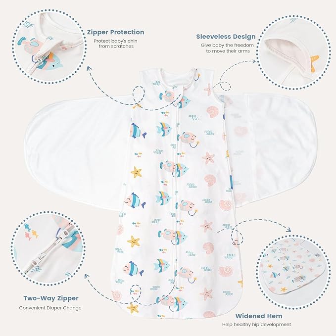 ZIGJOY Sleep Sack Swaddle 1.0 Tog Baby Wearable Blanket 100% Cotton Baby Swaddle Blanket for Newborns 6-12 Months Ocean&Pink