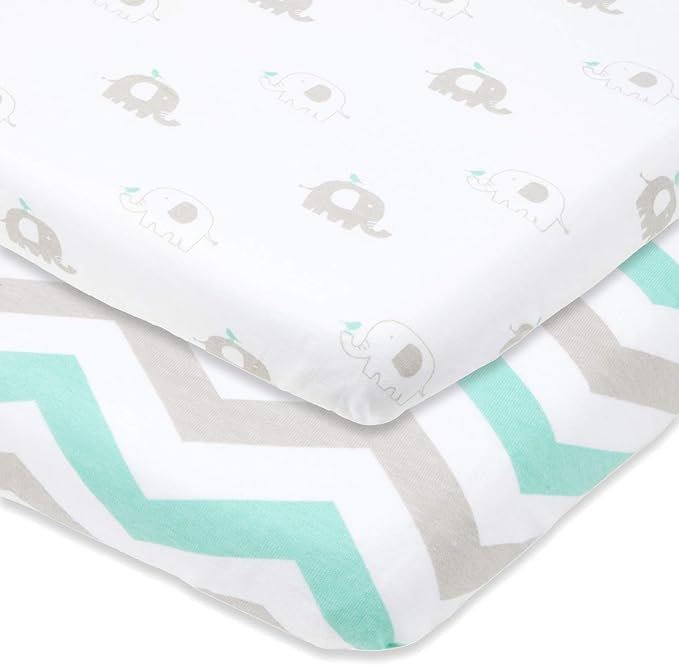 Bassinet Fitted Sheets for Baby Beside Dreamer Bedside Sleeper and Chicco Next2Me – Fits 20 x 33 Mattress – Snuggly Soft Jersey Cotton – Grey, Mint – 2 Pack
