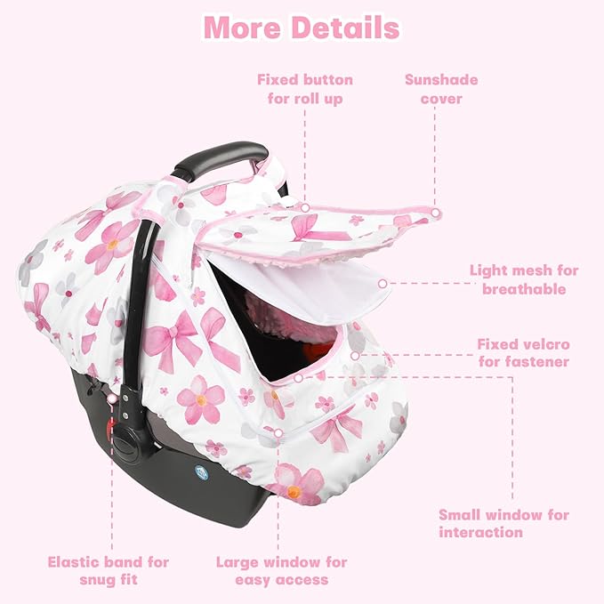 Hooyax Baby Car Seat Cover with Dual Zipper, Extra Large Mesh Window Carseat Canopy, All-Season Weather Protection for Infant Car Seats & Strollers (Pink Bow)