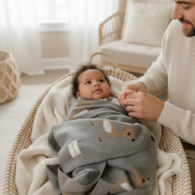 Knit Baby Swaddle Blanket - 100% Cotton Soft Cozy Receiving Swaddling Crib Stroller Quilt Blanket for Shower Gift Registry for Newborns, Infants, Toddlers, Unisex (Deer - Grey)
