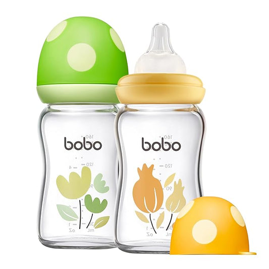 YOHKOH Natural Glass Baby Bottle with Level 1 Slow Flow Nipple, Newborn Anti-Colic Baby Bottles, Wide Neck Mushroom Baby Glass Bottle (Multicolour1, (5.4oz (Pack of 2))