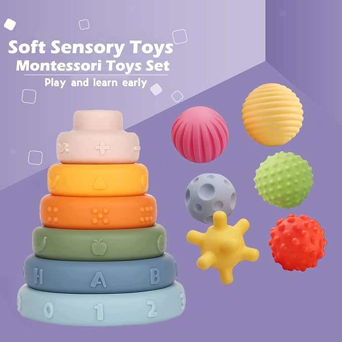 Montessori Toys Soft Stacking Building Blocks Rings Balls Sets 3 in 1 Baby Toys Bundle for Babies Sensory for Toddlers Teething Bath for Infants Learning Education Toy