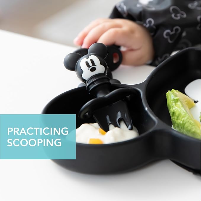 Bumkins Disney Baby Utensils Set, Chewtensils Silicone Spoons for Dipping, Self-Feeding, Baby Led Weaning, Trainer Learning First Stage Stage Eating, Fork and Spoon, Babies 6 Months, Mickey Mouse