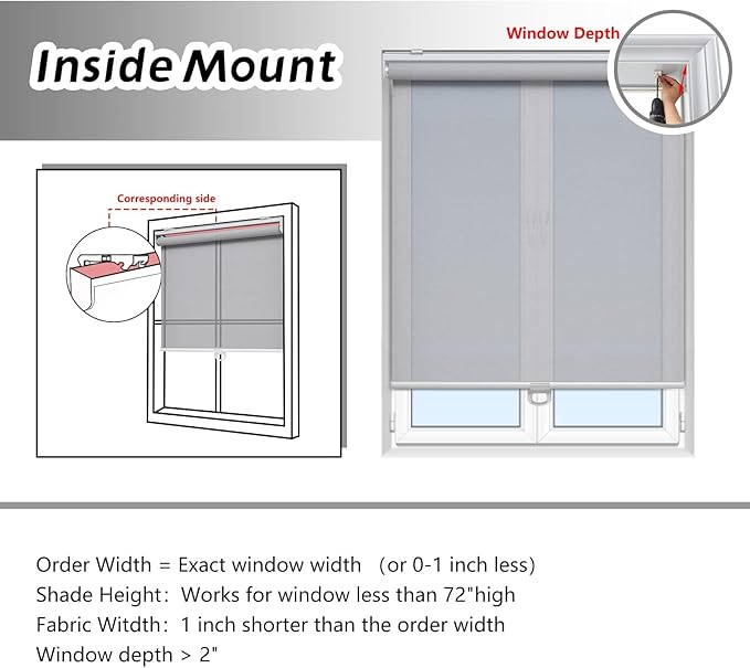 AOSKY Cordless Roller Shades for Windows Light Filtering Shades with 5% Openness Solar Screen Semi Sheer Roller Blinds UV Protection for Office and Home. Easy to Install 31" W x 72" H (Grey)