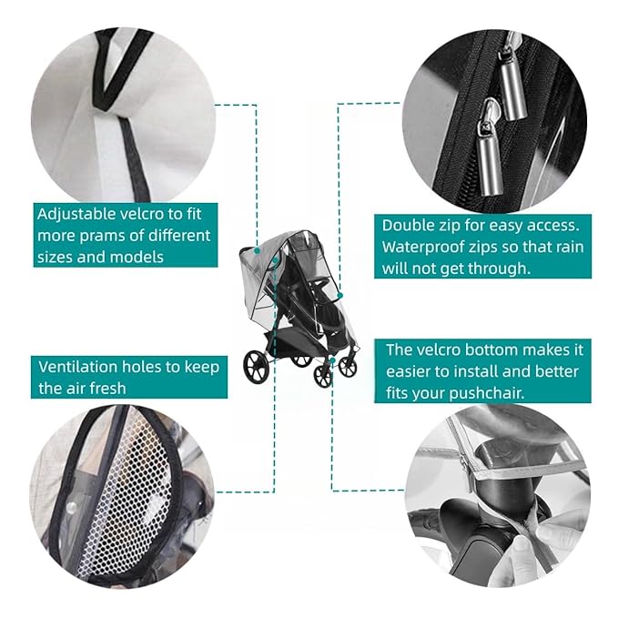 Stroller Rain Cover, Baby Stroller Rain Cover Universal Plastic Stroller Cover, Rain Cover for Stroller, Windproof and Waterproof with Waterproof Zip, Good Air Circulation, Food-Grade EVA Material