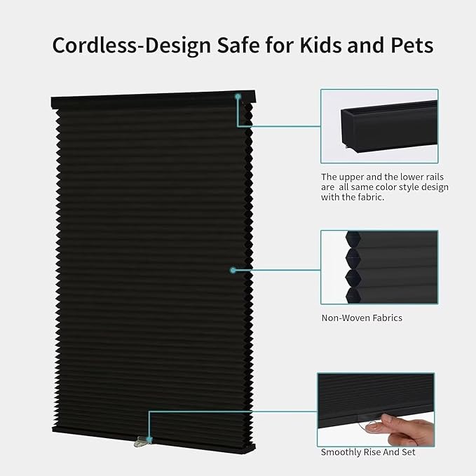 MYshade Cordless Blackout Window Blinds & Shades Pull Down Room Darkening Window Shades Light Blocking Honeycomb Cellular Shade for Indoor Windows Easy to Install 35.5 inch Wide, H72 Black Blinds