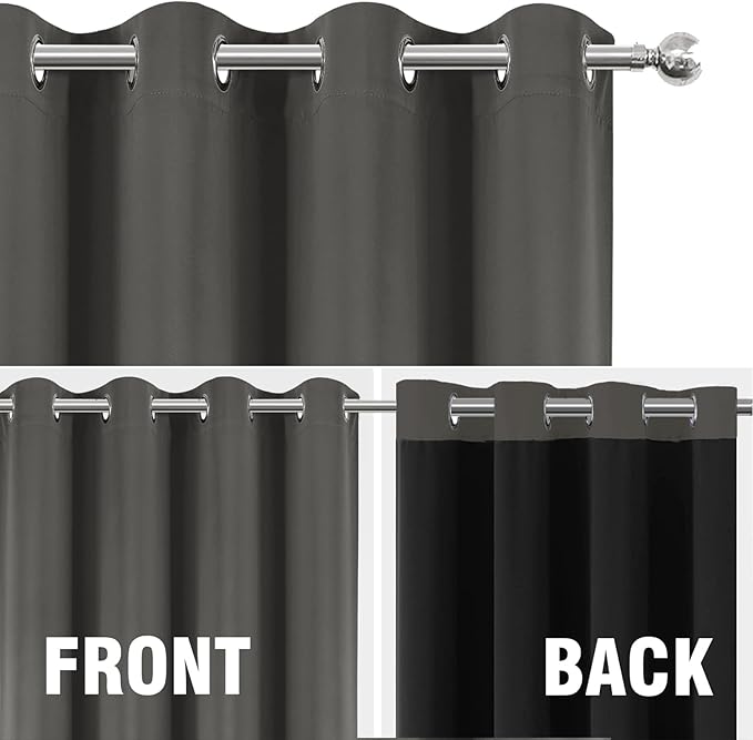 LEMOMO 100% Blackout Curtains 52 x 63 Inch Grey Curtains 2 Panels Darkening Thermal Insulated Bedroom Curtains