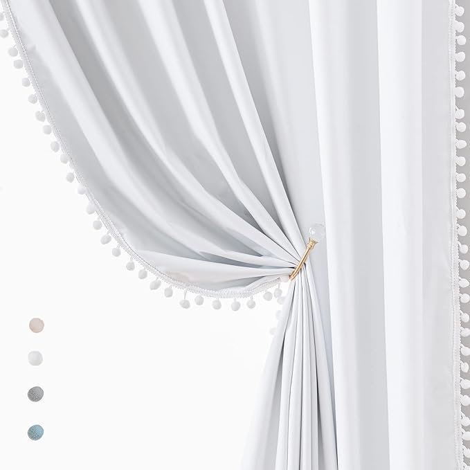 Treatmentex White Blackout Curtains for Bedroom Pom-Pom Thermal Insulated Full Blackout Window Drapes 63inch Length Curtain Panels for Kids Guest Room Hotel 52" Wx 2pcs
