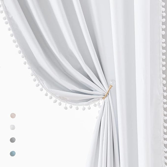 Treatmentex White Blackout Curtains for Bedroom Pom-Pom Thermal Insulated Full Blackout Window Drapes 63inch Length Curtain Panels for Kids Guest Room Hotel 52" Wx 2pcs