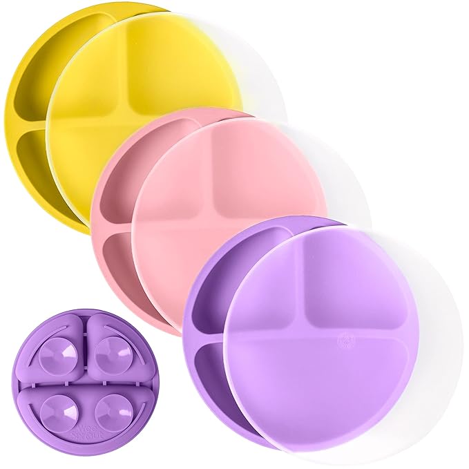 WeeSprout Suction Plates with Lids for Babies & Toddlers - 100% Silicone, Dinnerware Stays Put, Divided Design for Picky Eaters, Microwave & Dishwasher Friendly, 3 Pack