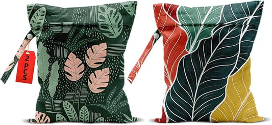 2Pcs Palm Leaves Wet Bags 12x10 Inch, Summer Plant Waterproof Wet Dry Bags, Washable Travel Laundry Bag for Swimsuit Beach Diapers Dirty Yoga Gym Clothes, Plant Gifts for Women Friend Travelers