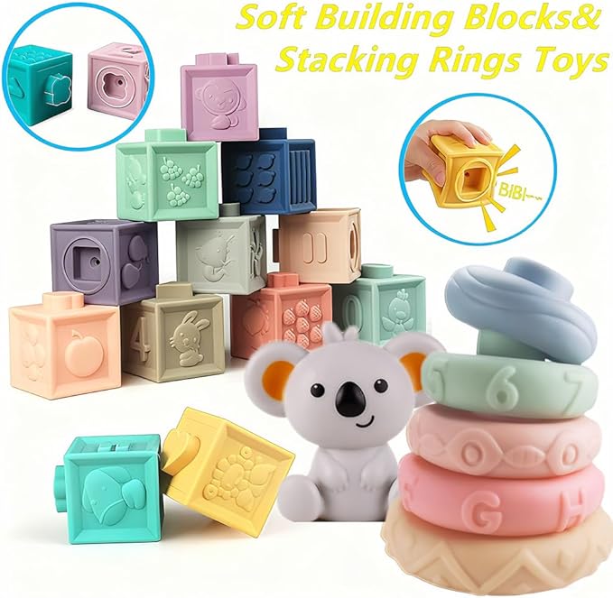 Baby Montessori Sensory Toys for 0-6 6-12 Months, Teething Toys for Babies 0 3 6 9 12 18 Months, Infant, Newborn Rattle Teether, Blocks, Soft Stacking Rings, Ideal Baby Boy Girl Gifts Set