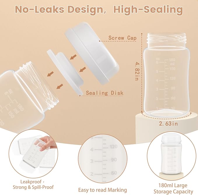 6oz Wide-Mouth Breastmilk Storage Bottles with Two-Pieces Sealing Cap, Leak-Proof Design, No-Fade Reading Marking, Compatible with Spectra S1 S2 9 Plus, Motif Luna, and Most Wide-Mouth Flanges, 2 Pack